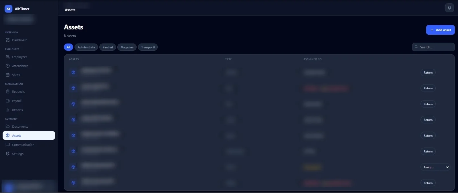 AlbTimer company assets screen, details hidden