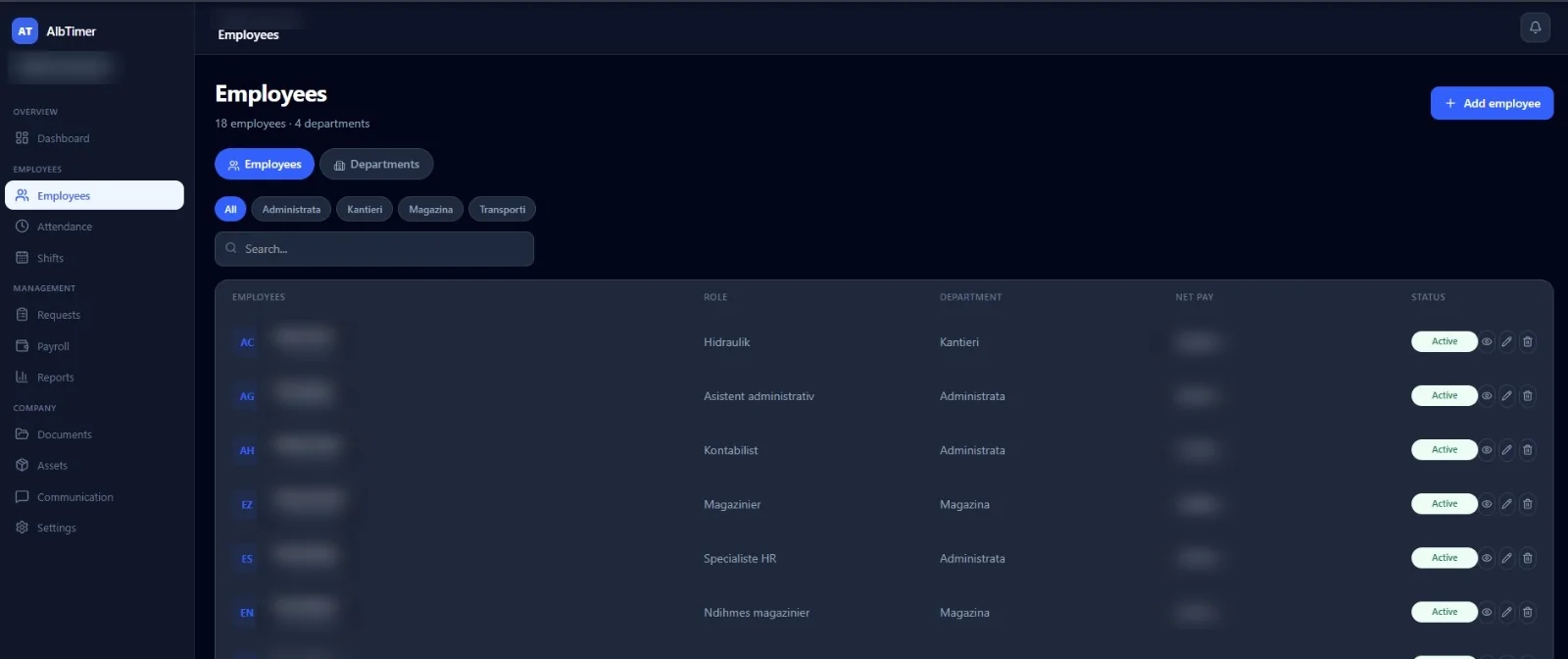 AlbTimer employee list, names hidden