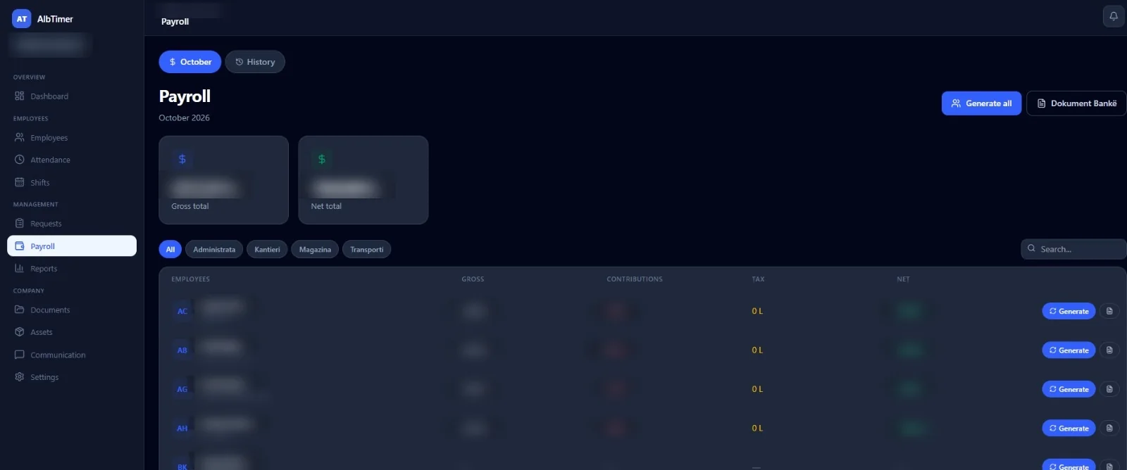 AlbTimer payroll screen, amounts hidden