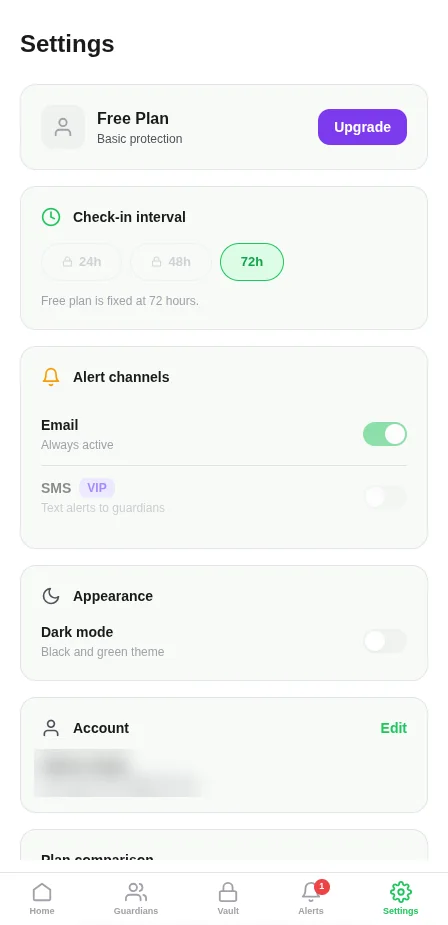 CheckUp settings screen